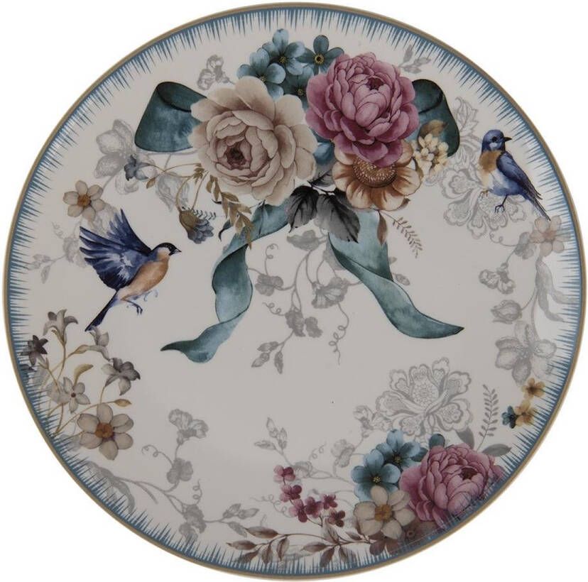 Clayre & Eef Ontbijtbord Ø 20 cm Wit Roze Porselein Rond Bloemen Bord