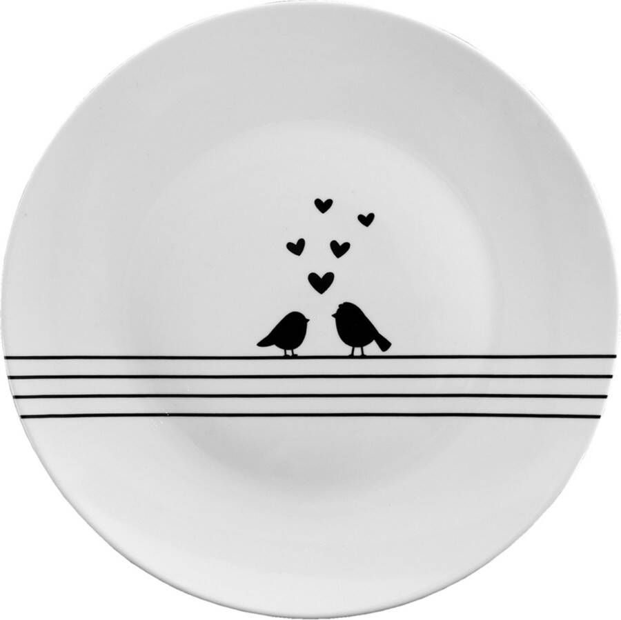Clayre & Eef Ontbijtbord Ø 20 cm Wit Zwart Porselein Rond Harten Vogels Bord Wit Bord