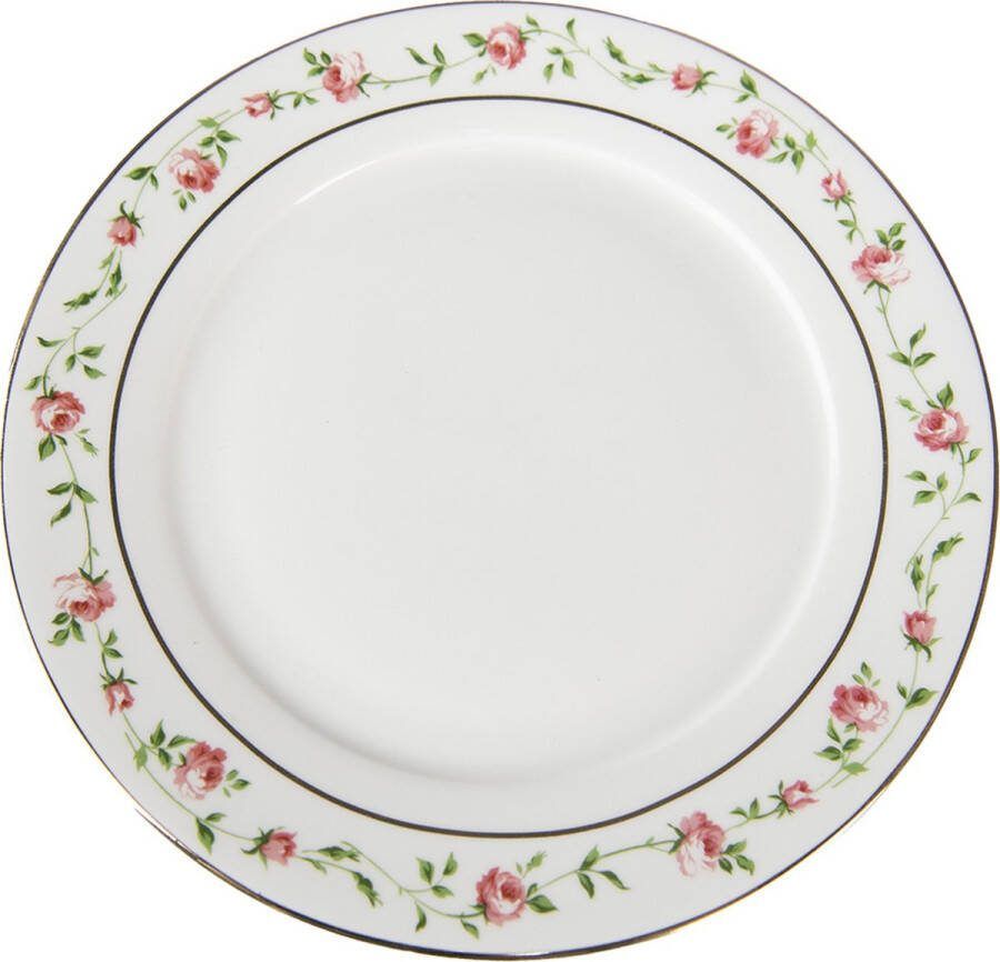 Clayre & Eef Ontbijtbord Ø 21 cm Wit Roze Porselein Rond Bloemen Bord Wit Bord