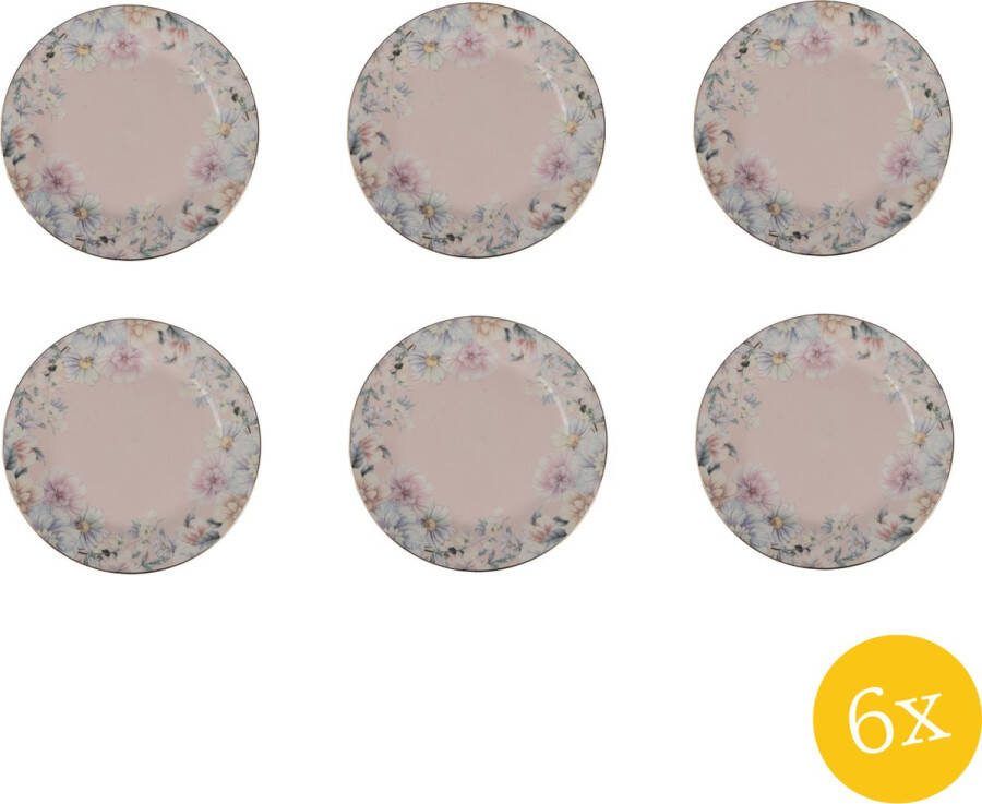 Clayre & Eef Ontbijtbord set van 6 stuks Ø 18 cm Roze Porselein Bloemen Bord
