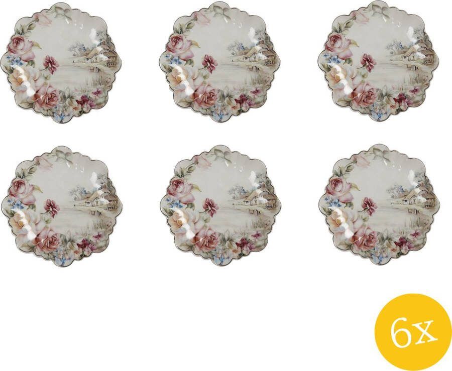 Clayre & Eef Ontbijtbord set van 6 stuks Ø 19 cm Wit Porselein Rond Bloemen Bord