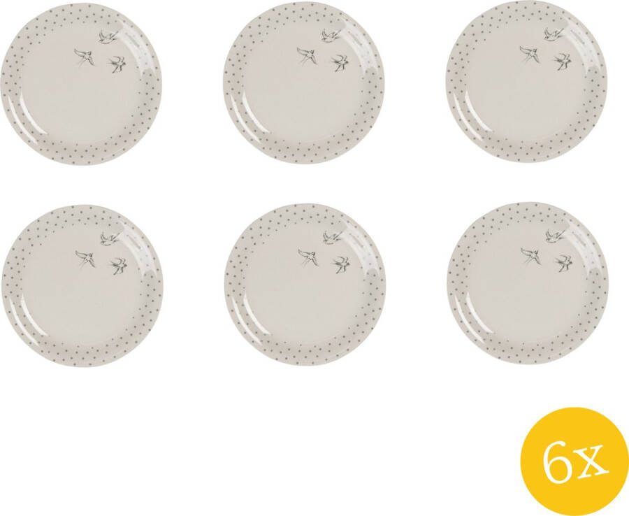Clayre & Eef Ontbijtbord set van 6 stuks Ø 20 cm Beige Grijs Keramiek Rond Vogels Bord