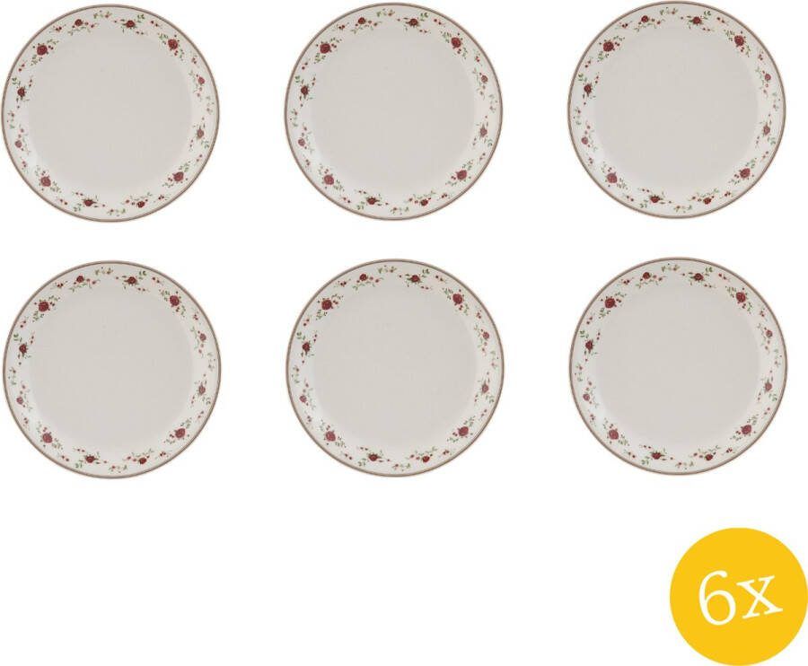 Clayre & Eef Ontbijtbord set van 6 stuks Ø 20 cm Beige Keramiek Rond Bloemen Bord