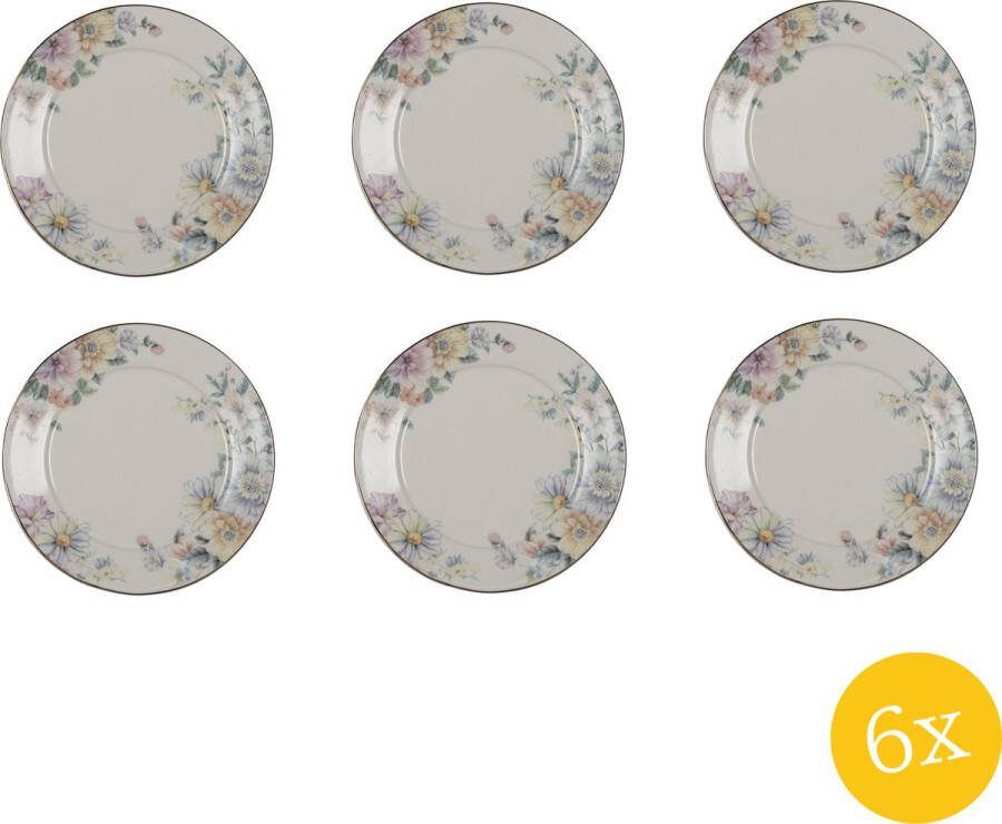 Clayre & Eef Ontbijtbord set van 6 stuks Ø 20 cm Beige Roze Porselein Bloemen Bord
