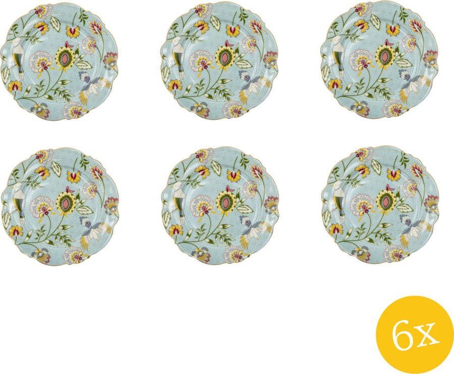 Clayre & Eef Ontbijtbord set van 6 stuks Ø 20 cm Blauw Keramiek Rond Bloemen Bord