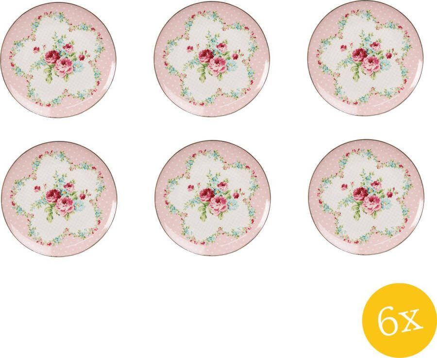 Clayre & Eef Ontbijtbord set van 6 stuks Ø 20 cm Roze Wit Porselein Bloemen Bord