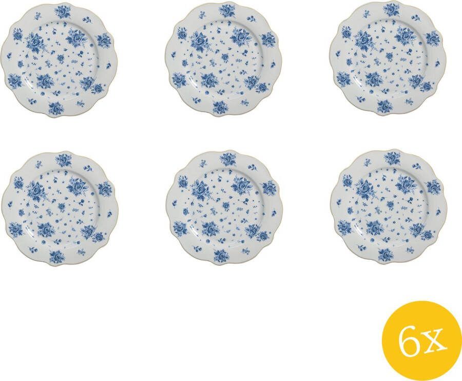 Clayre & Eef Ontbijtbord set van 6 stuks Ø 20 cm Wit Blauw Porselein Roosjes Bord