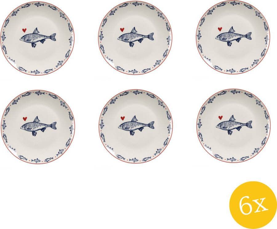 Clayre & Eef Ontbijtbord set van 6 stuks Ø 20 cm Wit Blauw Porselein Vissen Bord
