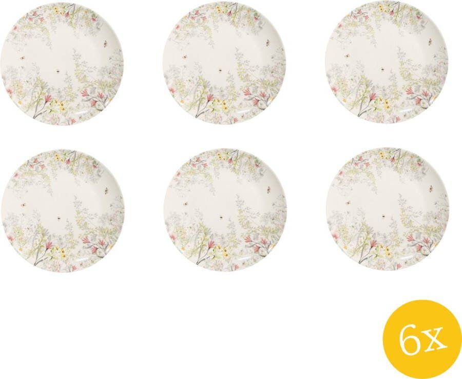 Clayre & Eef Ontbijtbord set van 6 stuks Ø 20 cm Wit Porselein Bloemen