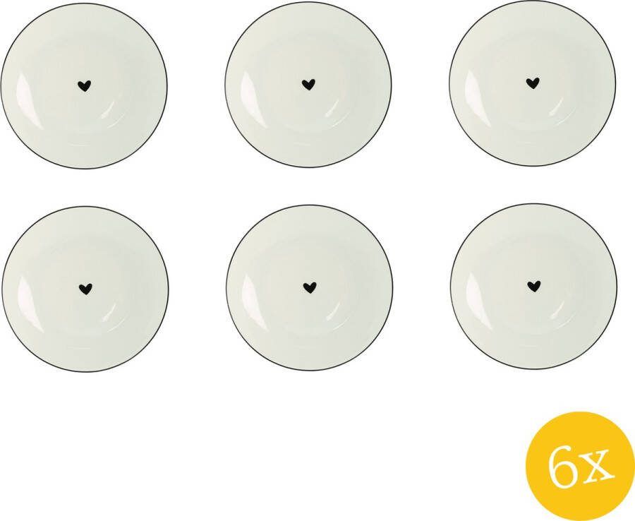 Clayre & Eef Ontbijtbord set van 6 stuks Ø 20 cm Wit Zwart Porselein Rond Harten Bord