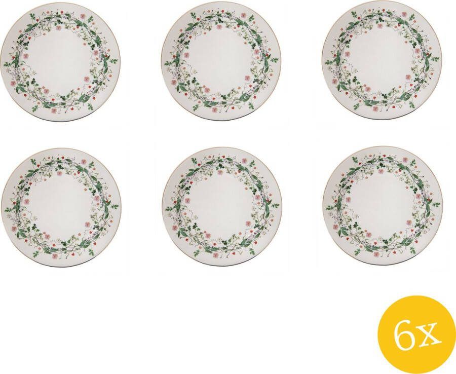 Clayre & Eef Ontbijtbord set van 6 stuks Ø 21 cm Groen Porselein Bloemen Bord