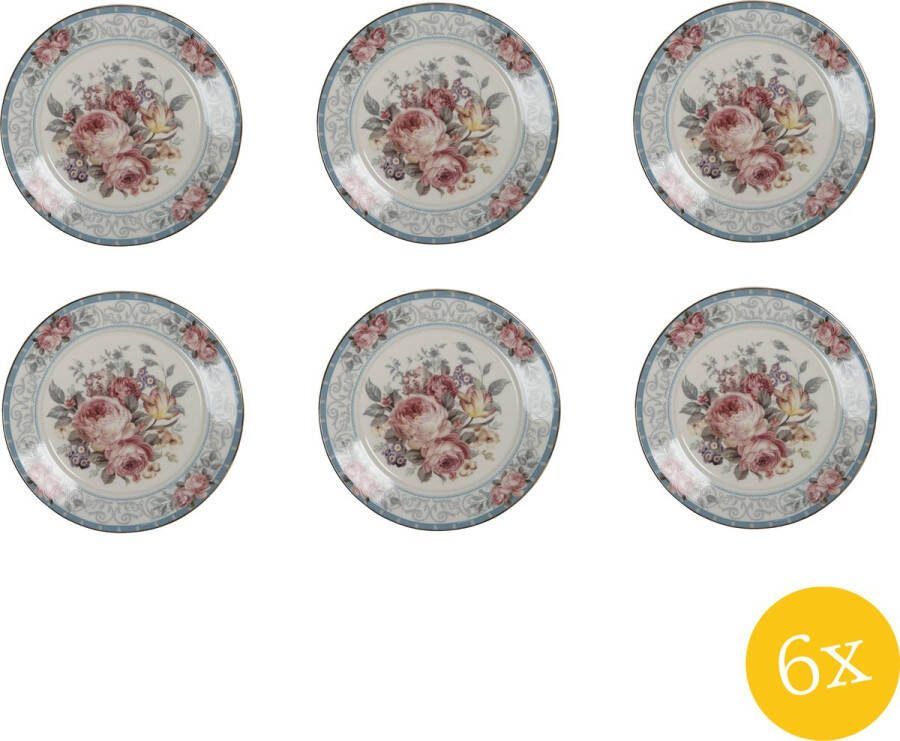 Clayre & Eef Ontbijtbord set van 6 stuks Ø 21 cm Wit Porselein Bloemen Bord