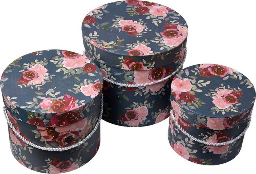 Clayre & Eef Opbergdoos Set van 3 Ø 23x20 Ø 20x17 Ø 17x14 cm Roze Karton Rond Bloemen Rood