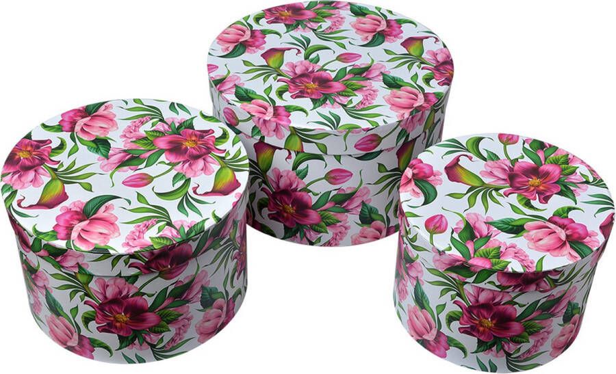 Clayre & Eef Opbergdoos Set van 3 Ø 26x15 Ø 22x15 Ø 19x14 cm Roze Karton Rond Bloemen Roze