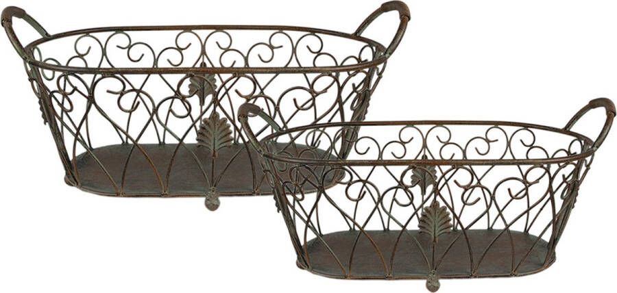 Clayre & Eef Opbergmand Set van 2 60x30x26 49x23x22 cm Groen Bruin Ijzer Mand Groen Mand