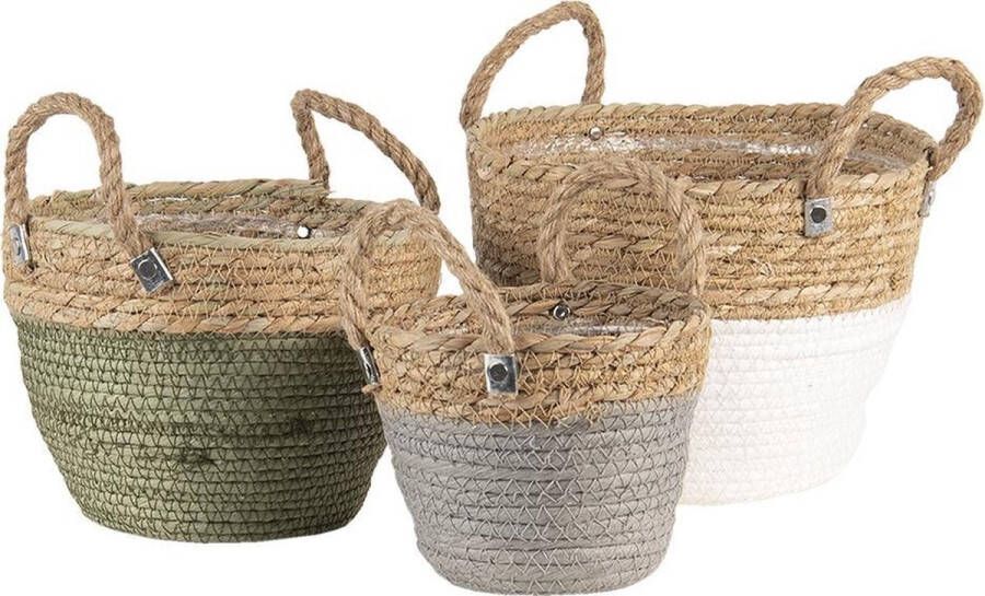 Clayre & Eef Opbergmand Set van 3 Ø 24 Ø 22 Ø 17 cm Bruin Wit Zeegras Rond Mand Bruin Mand