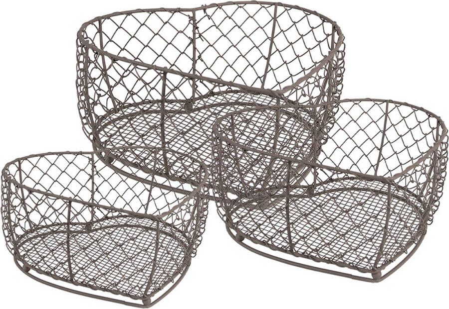 Clayre & Eef Opbergmand Set van 3 25x25x7 20x20x6 15x15x6 cm Bruin Ijzer Hartvormig Keuken Mandjes