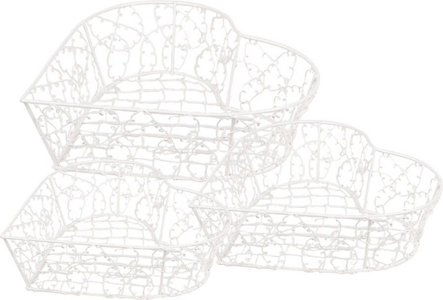 Clayre & Eef Opbergmand Set van 3 25x25x7 20x20x6 15x15x6 cm Wit Ijzer Hartvormig Keuken Mandjes