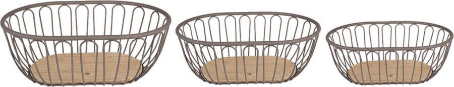 Clayre & Eef Opbergmand Set van 3 33x23x12 cm Grijs Bruin Ijzer Hout Ovaal Mand Grijs Mand