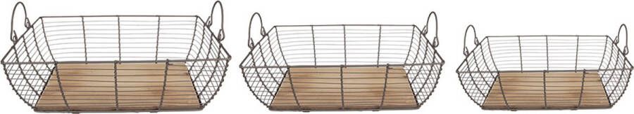 Clayre & Eef Opbergmand Set van 3 35x25x11 cm Grijs Bruin Ijzer Hout Mand Grijs Mand