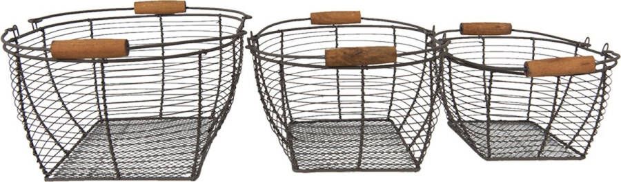 Clayre & Eef Opbergmanden Set van 3 35x26x14 cm Bruin Ijzer Hout Mand