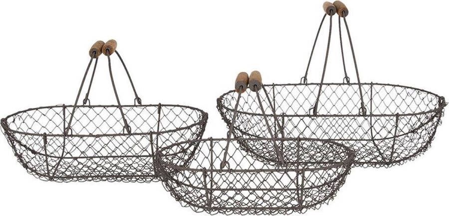 Clayre & Eef Opbergmand Set van 3 38x22x10 cm Bruin Ijzer Hout Rond Mand Bruin Mand