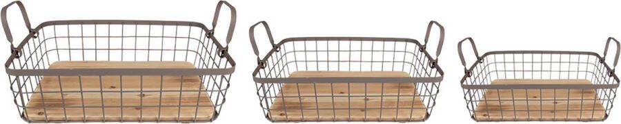 Clayre & Eef Opbergmand Set van 3 38x28x11 cm Grijs Bruin Ijzer Hout Mand Grijs Mand