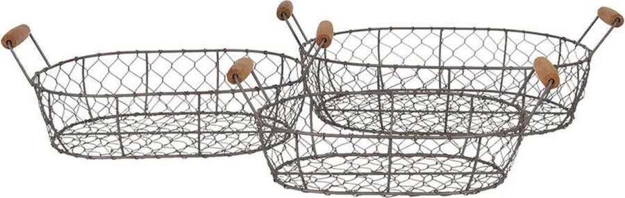 Clayre & Eef Opbergmand Set van 3 42x27x15 cm Bruin Ijzer Hout Rond Mand