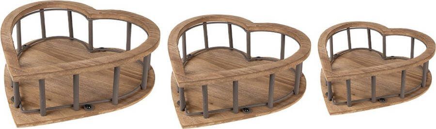 Clayre & Eef Opbergmand Set van 3 Hart 33x33x10 Bruin Hout Metaal Hartvormig Mand Bruin Mand