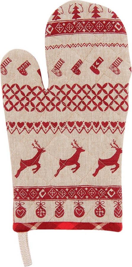 Clayre & Eef Ovenwant 16*30 cm Rood Beige Katoen kerst Ovenhandschoen Cadeau voor haar