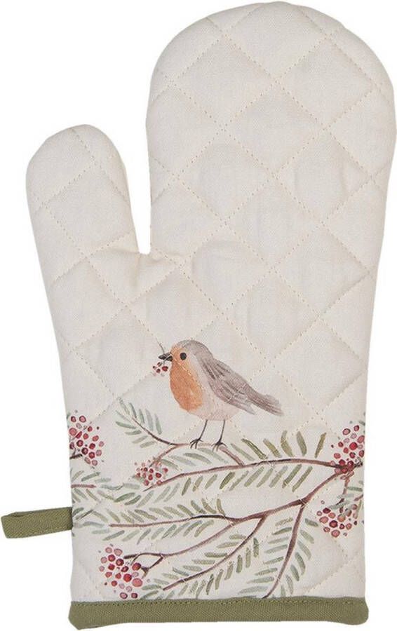 Clayre & Eef Ovenwant 16x30 cm Beige Groen Katoen Vogel Ovenhandschoen Cadeau voor haar