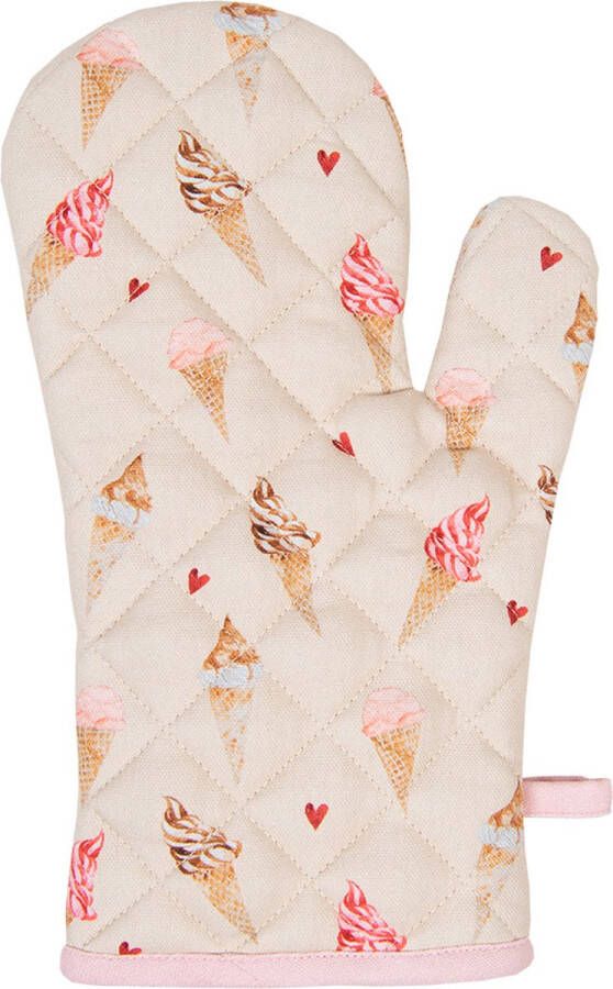 Clayre & Eef Ovenwant 18x30 cm Beige Roze Katoen Ijsjes Ovenhandschoen Beige Ovenhandschoen