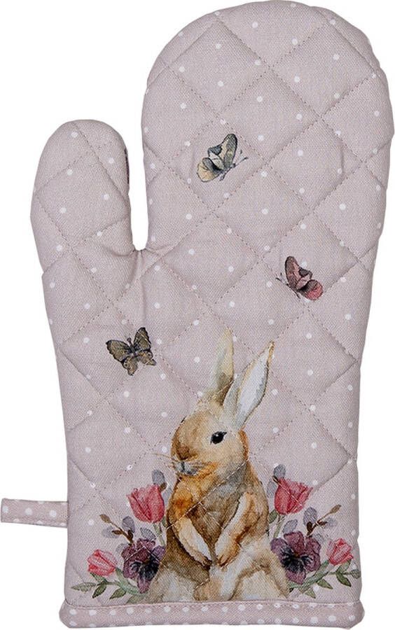 Clayre & Eef Ovenwant 18x30 cm Beige Roze Katoen Konijn Bloemen Ovenhandschoen Cadeau voor haar