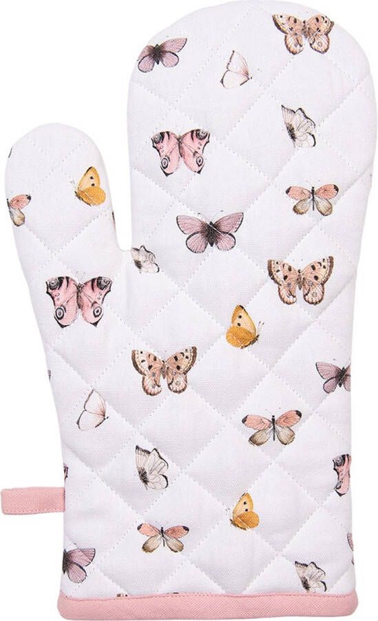 Clayre & Eef Ovenwant 18x30 cm Beige Roze Katoen Vlinders Ovenhandschoen Beige Ovenhandschoen
