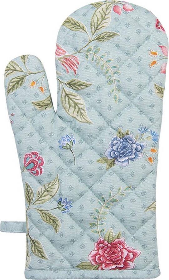 Clayre & Eef Ovenwant 16x30 cm Blauw Groen Katoen Bloemen Ovenhandschoen Keukentextiel Wasbaar