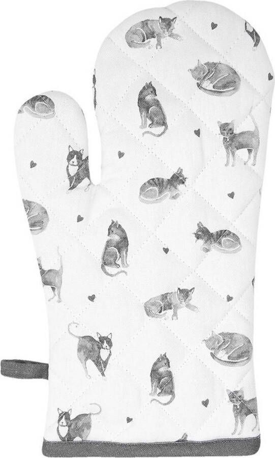Clayre & Eef Ovenwant 18x30 cm Grijs Wit Katoen Katten Ovenhandschoen