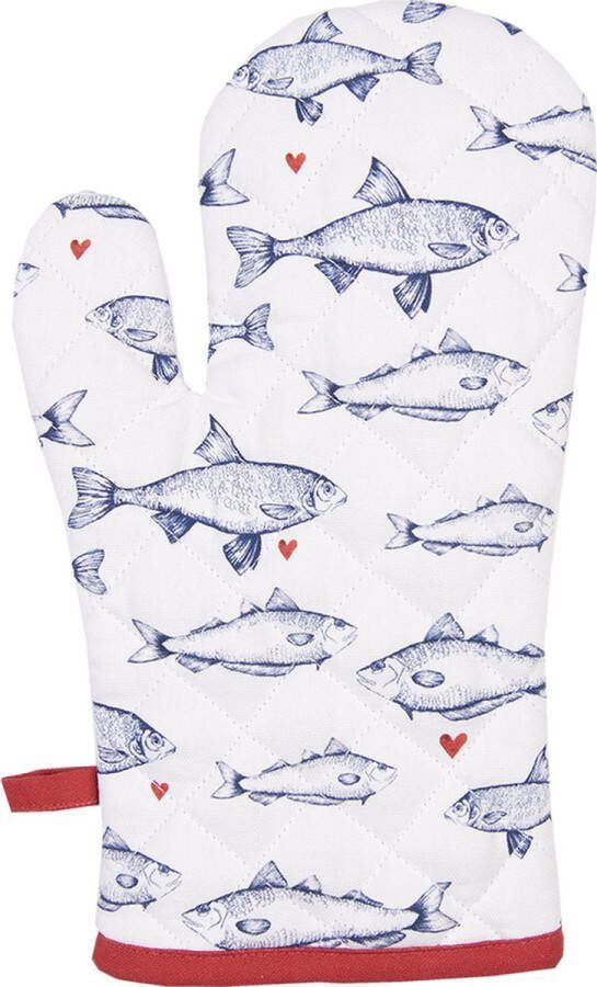 Clayre & Eef Ovenwant 18x30 cm Wit Blauw Katoen Vissen Ovenhandschoen Wit Ovenhandschoen