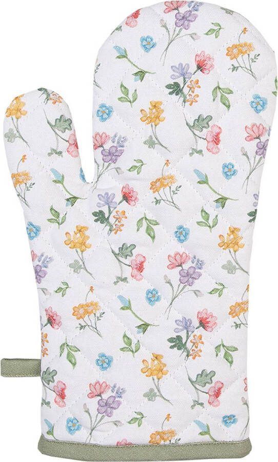 Clayre & Eef Ovenwant 18x30 cm Wit Groen Katoen Bloemen Wit