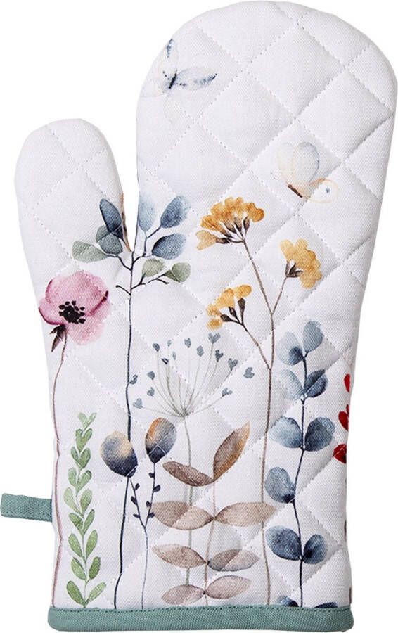 Clayre & Eef Ovenwant 18x30 cm Wit Groen Katoen Bloemen Ovenhandschoen