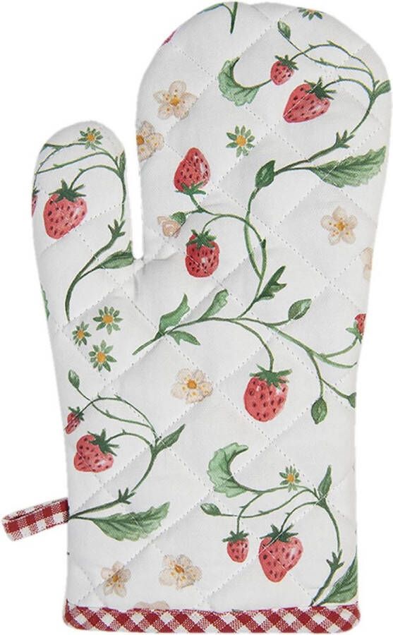 Clayre & Eef Ovenwant 18x30 cm Wit Rood Katoen Aardbeien Ovenhandschoen Cadeau voor haar