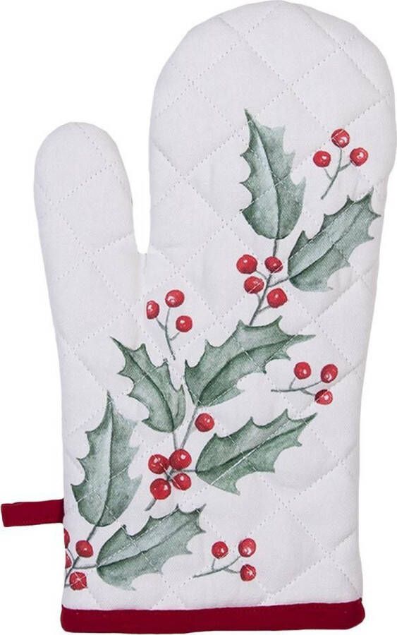 Clayre & Eef Ovenwant 18x30 cm Wit Rood Katoen Hulstbladeren Ovenhandschoen
