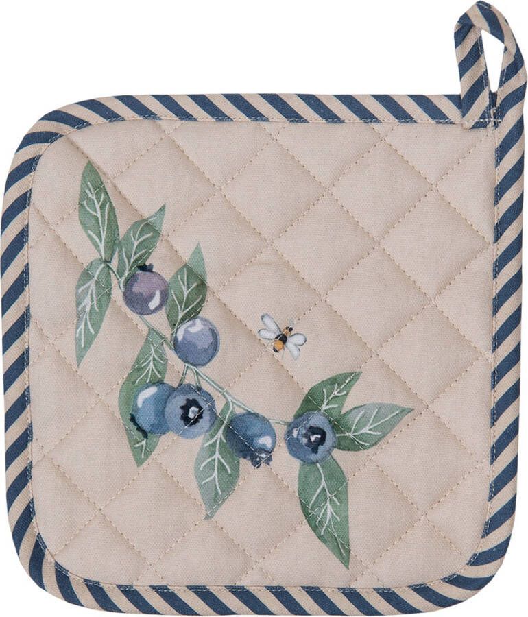 Clayre & Eef Pannenlap 20x20 cm Beige Blauw Katoen Vierkant Bosbessen Afgiet Pannenlap Beige Afgiet Pannenlap