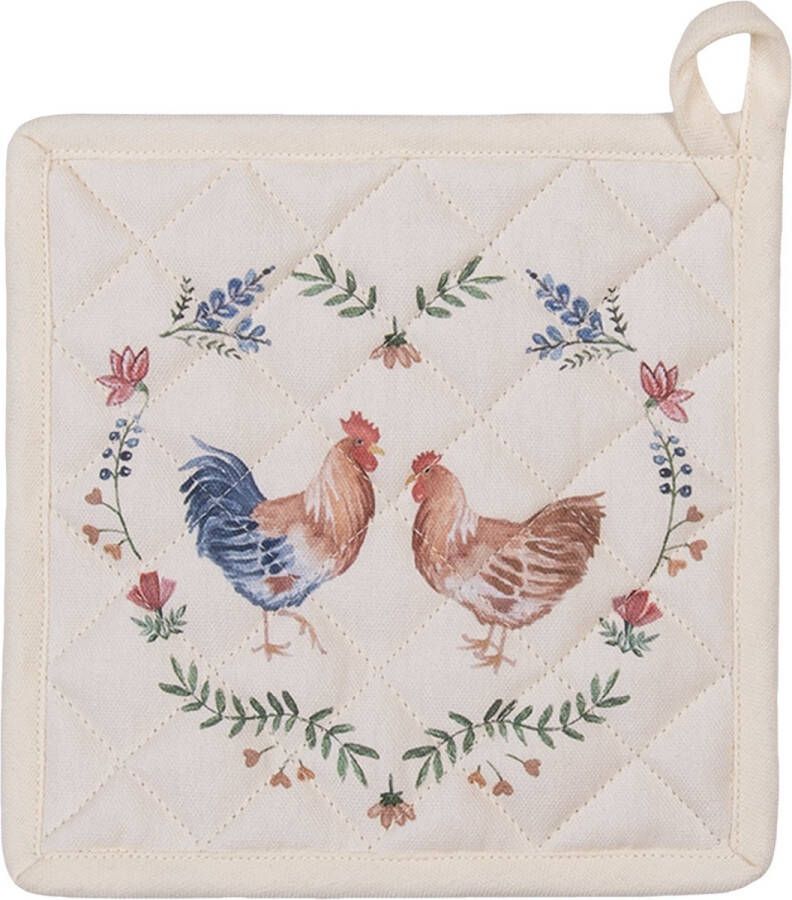 Clayre & Eef Pannenlap 20x20 cm Beige Blauw Katoen Vierkant Kip en Haan Afgiet Pannenlap