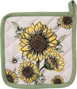Clayre & Eef Pannenlap 20x20 Cm Beige Geel Katoen Zonnebloemen Afgiet Pannenlap Afgiethulp Beige Afgiet Pannenlap