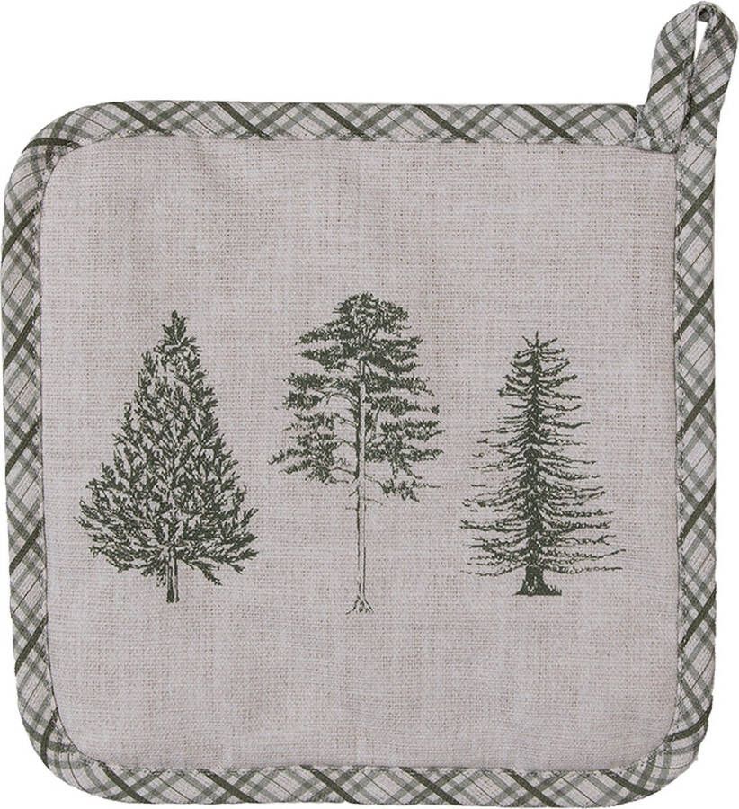 Clayre & Eef Pannenlap 20x20 cm Beige Groen Katoen Vierkant Dennenbomen Groen