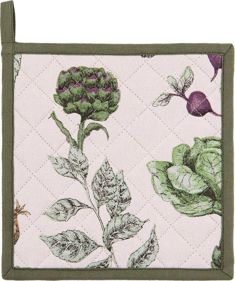 Clayre & Eef Pannenlap 20x20 cm Beige Groen Katoen Vierkant Groenten Afgiet Pannenlap