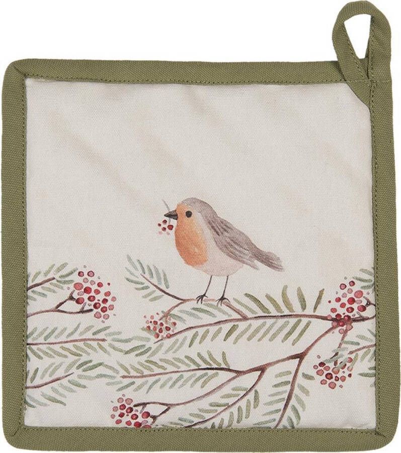 Clayre & Eef Pannenlap 20x20 cm Beige Groen Katoen Vogel Afgiet Pannenlap