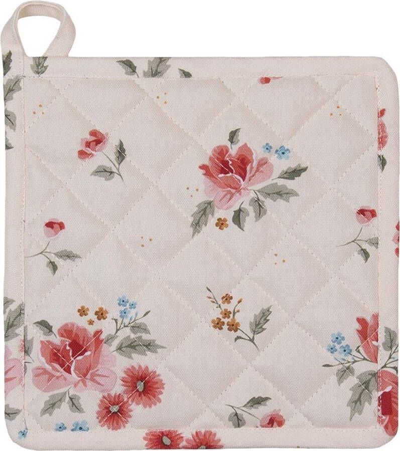 Clayre & Eef Pannenlap 20x20 cm Beige Katoen Vierkant Rozen Afgiet Pannenlap