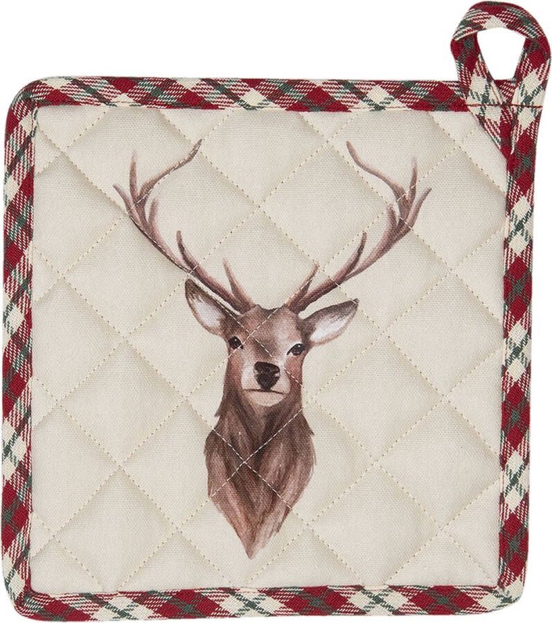 Clayre & Eef Pannenlap 20x20 cm Beige Rood Katoen Vierkant Hert Afgiet Pannenlap Beige Afgiet Pannenlap