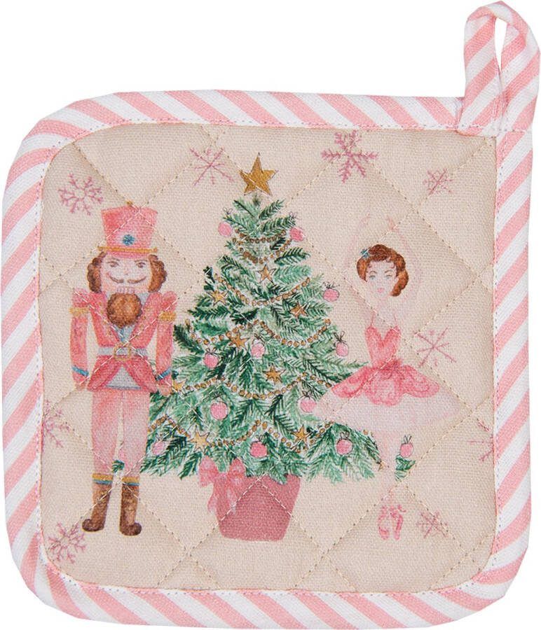 Clayre & Eef Pannenlap 20x20 cm Beige Roze Katoen Notenkraker Afgiet Pannenlap Beige Afgiet Pannenlap